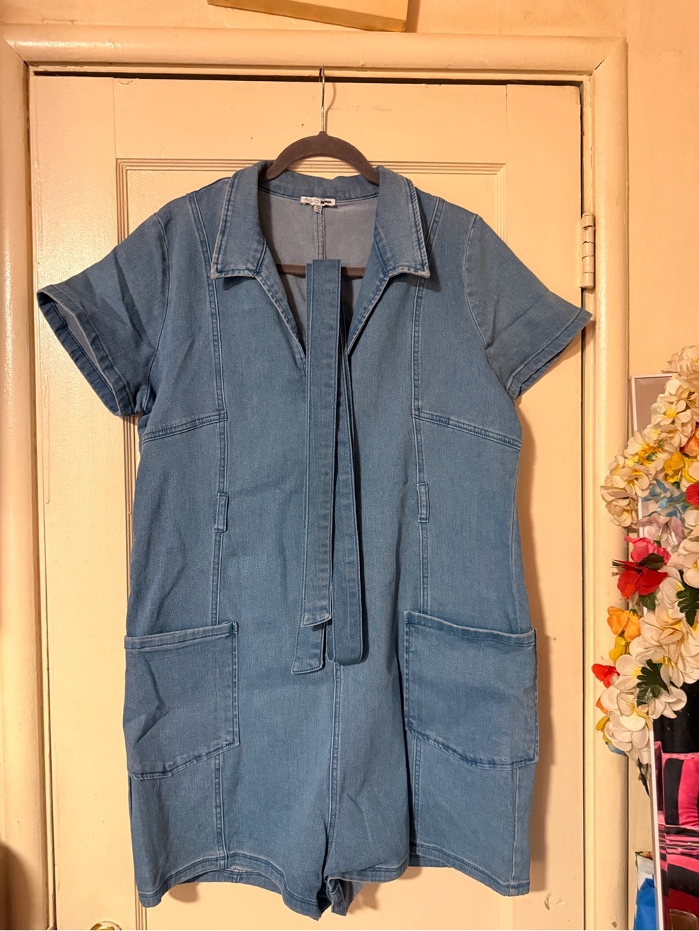 Fashion Nova Blue Short-Sleeve Denim Romper Jacket
